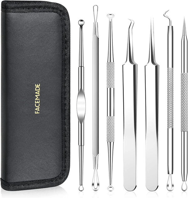 Metene 7 Pcs Blackhead Remover Comedones Extractor Acne Removal Kit with a Leather Bag(Silver)